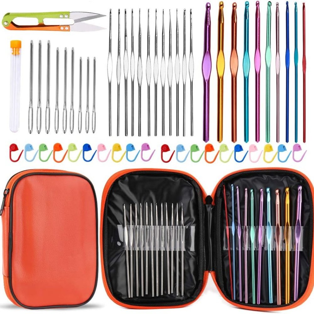54 Pcs Crochet Blunt Needles Set Crochet Hooks Scissors Kit Case Ergonomic